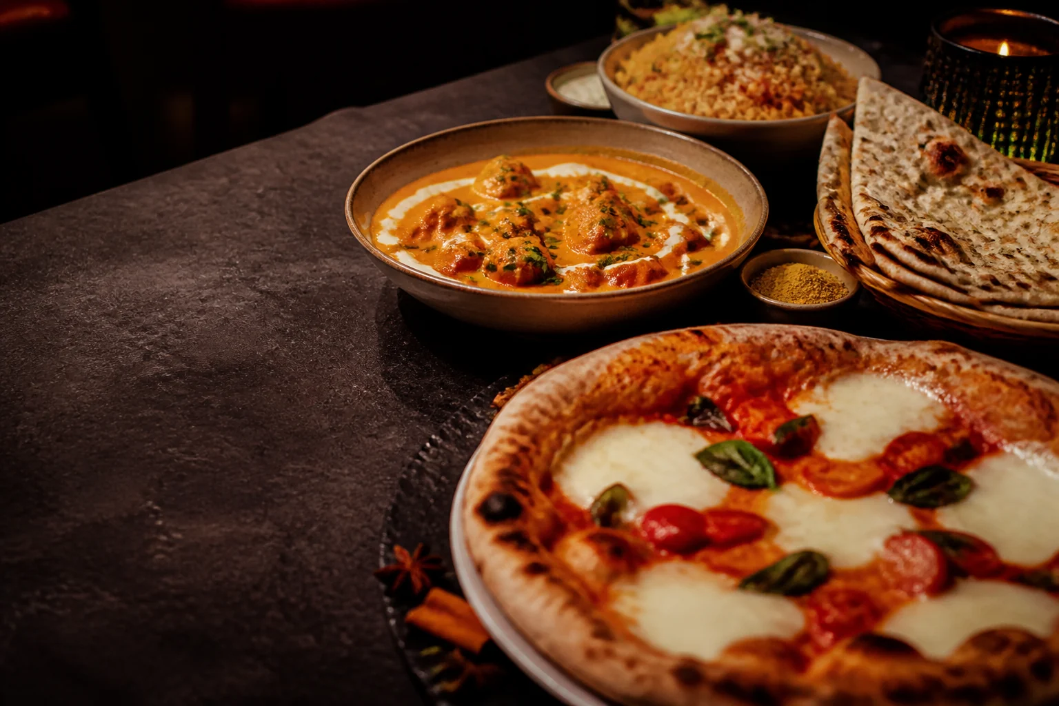 Pizza und indische Gerichte auf einem gemeinsamen Tisch